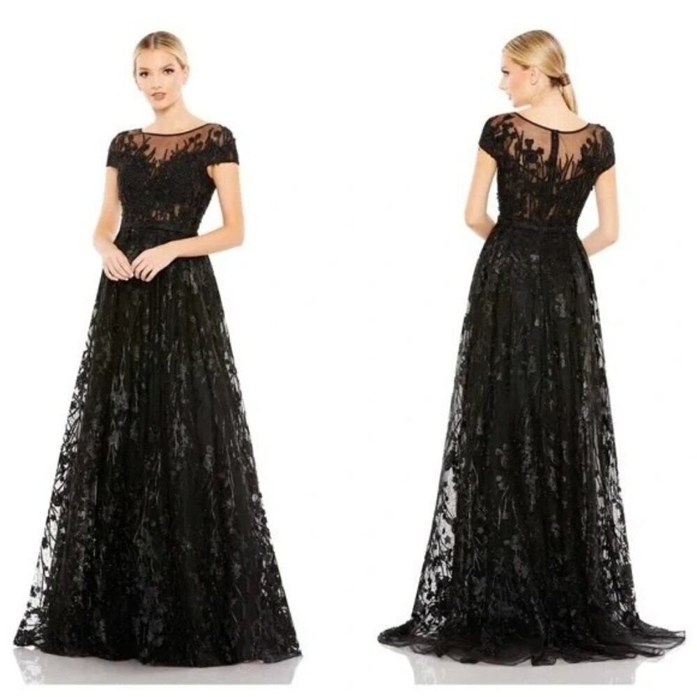 Mac Duggal 20405 Black Embellished Floral Cap Sleeve A Line Gown Maxi Size 4 Nwt